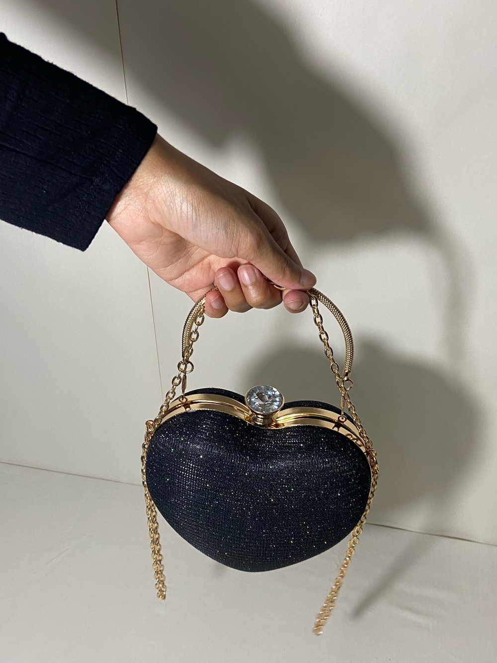 Black Heart-Shaped Evening Clutch with Gold Chain